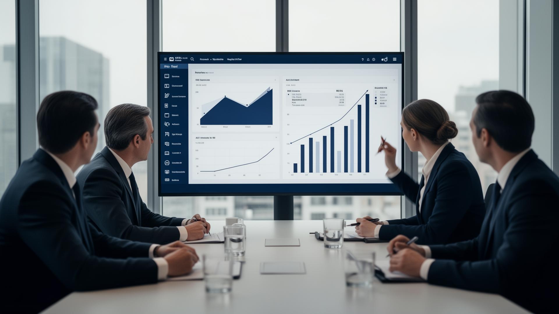 Reunião estratégica analisando dashboard de crescimento